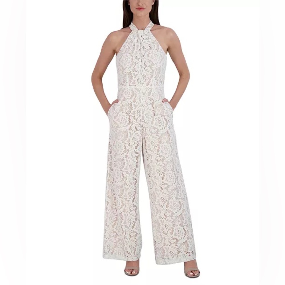 julia jordan NWT Women's Lace Twist-Neck Wide-Leg Jumpsuit White Size 16